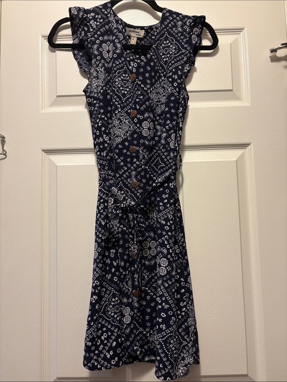 Monteau Navy and White Bandana-Print Button-Front Mini Dress